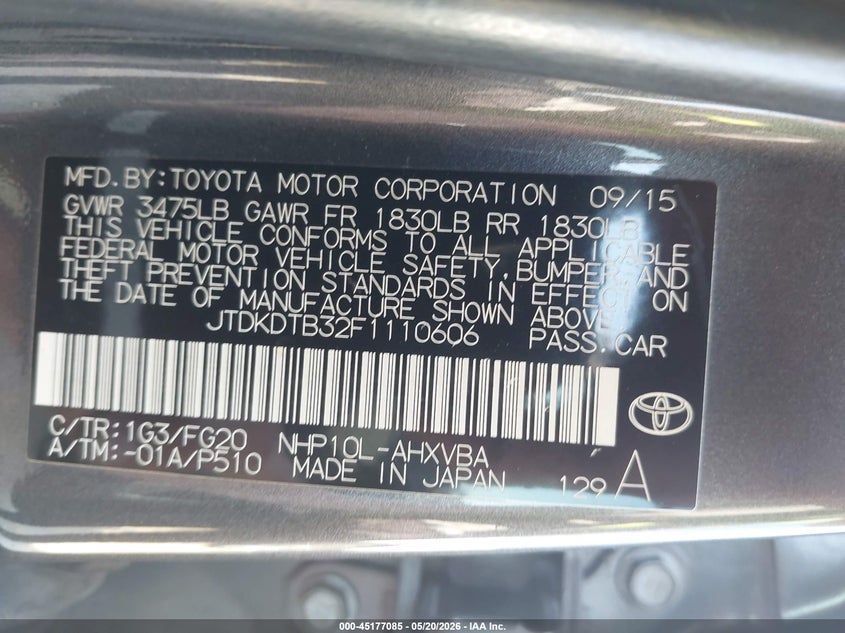 2015 Toyota Prius C Two VIN: JTDKDTB32F1110606 Lot: 45177085