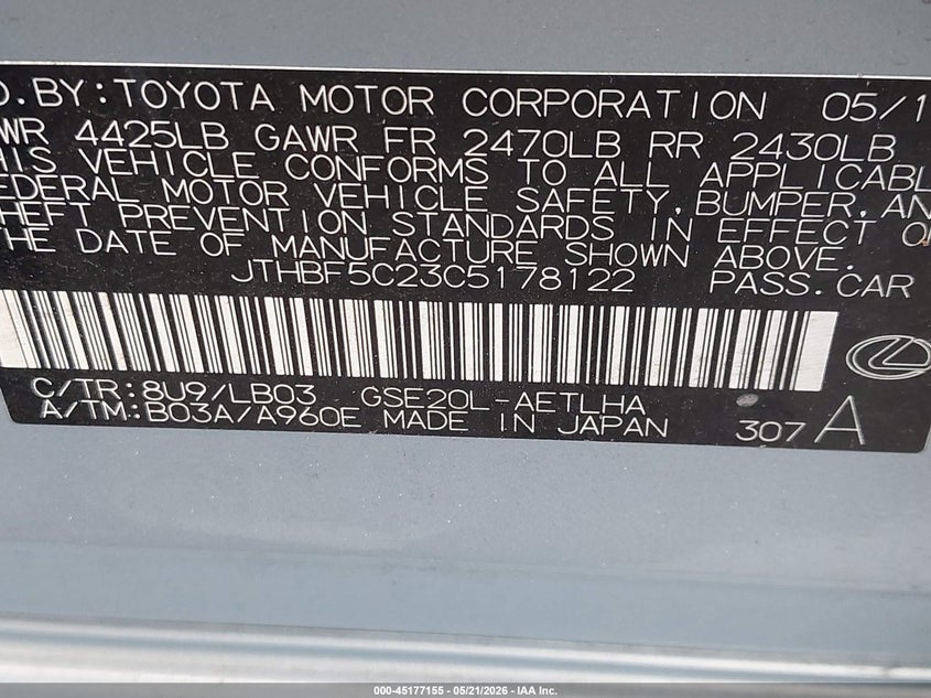 2012 Lexus Is 250 VIN: JTHBF5C23C5178122 Lot: 45177155
