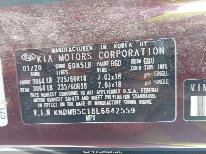 2020 Kia Sedona Ex VIN: KNDMB5C18L6642559 Lot: 45177188