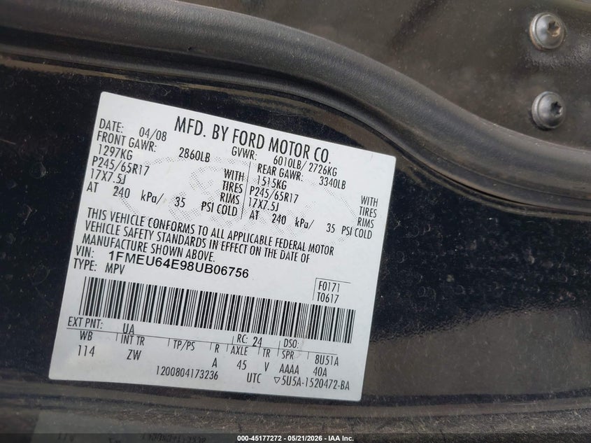 2008 Ford Explorer Eddie Bauer VIN: 1FMEU64E98UB06756 Lot: 45177272