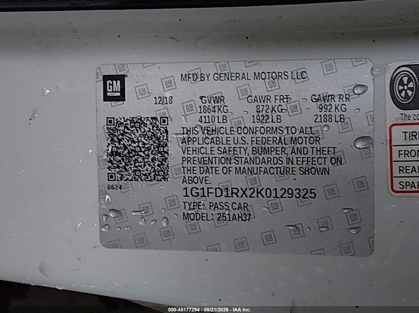 VIN 1G1FD1RX2K0129325 2019 CHEVROLET CAMARO 2LT