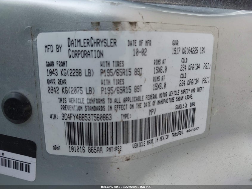 2003 Chrysler Pt Cruiser VIN: 3C4FY48B53T560863 Lot: 45177315