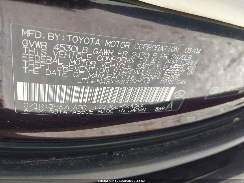 2004 Lexus Sc 430 VIN: JTHFN48Y840058519 Lot: 45177514