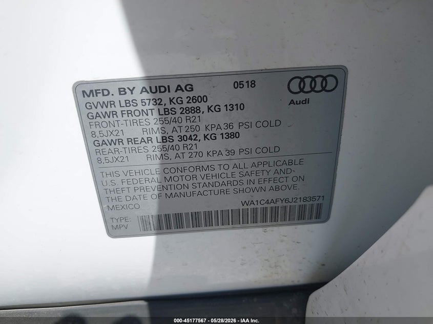 2018 Audi Sq5 3.0T Premium Plus VIN: WA1C4AFY6J2183571 Lot: 45177567