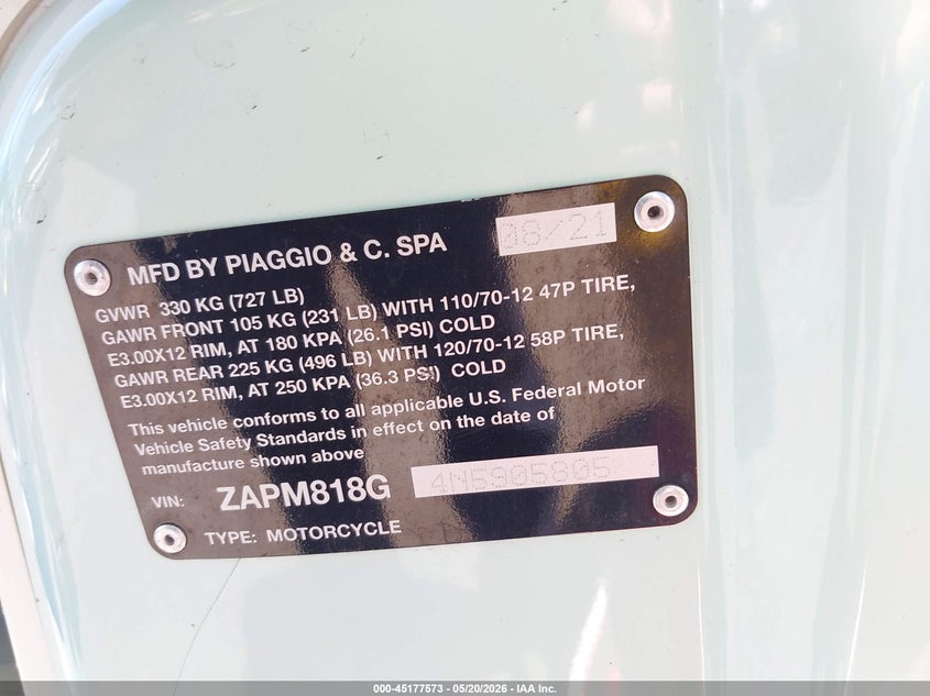 2022 Vespa Primavera/Sprint 150 VIN: ZAPM818G4N5905805 Lot: 45177573