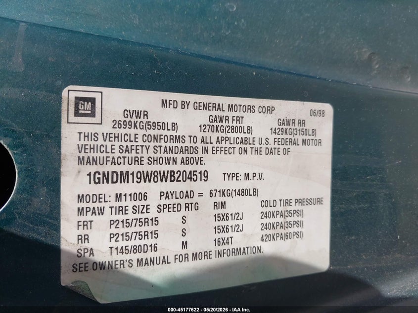 1998 Chevrolet Astro VIN: 1GNDM19W8WB204519 Lot: 45177622