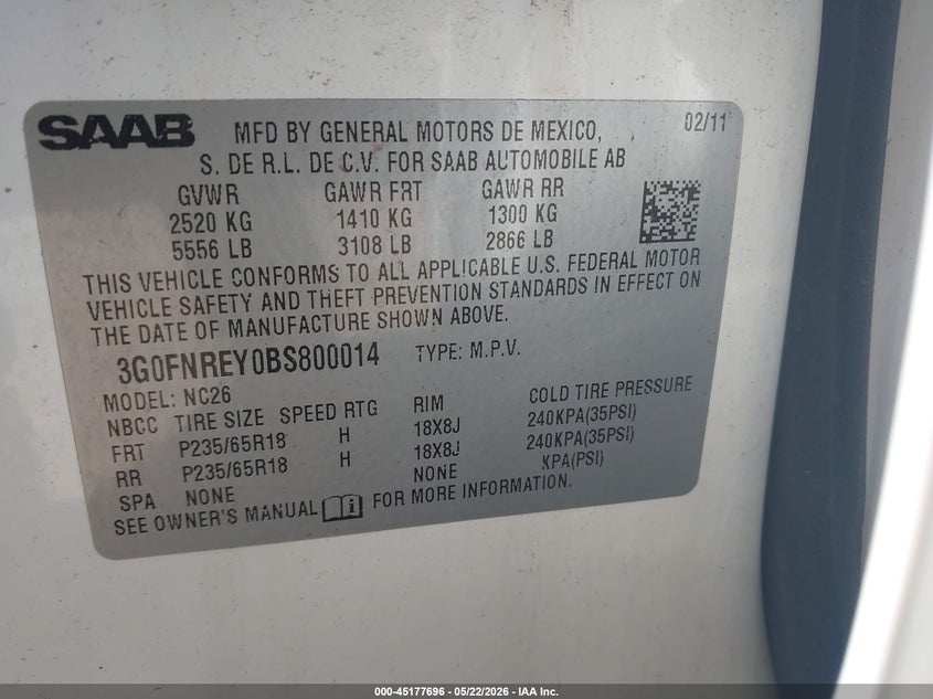 2011 Saab 9-4X 3.0I VIN: 3G0FNREY0BS800014 Lot: 45177696