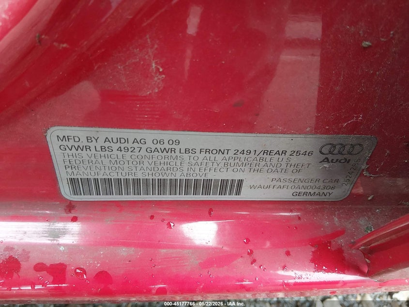 2010 Audi A4 2.0 2.0T Premium red Lot 111045177766 Vin WAUFFAFL0AN004308