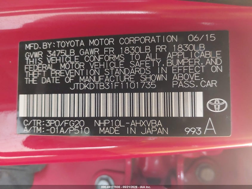 2015 Toyota Prius C Two VIN: JTDKDTB31F1101735 Lot: 45177830
