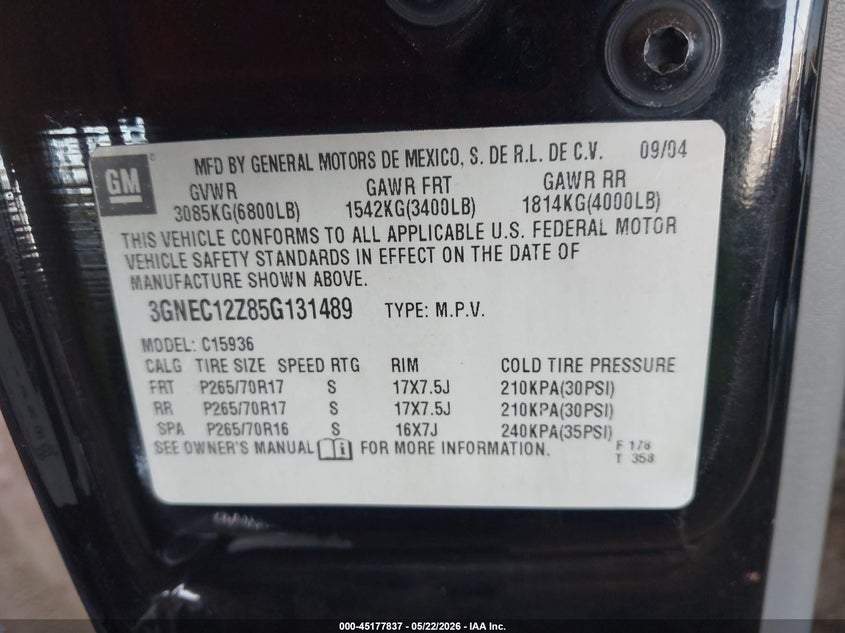 2005 Chevrolet Avalanche 1500 Z66 VIN: 3GNEC12Z85G131489 Lot: 45177837