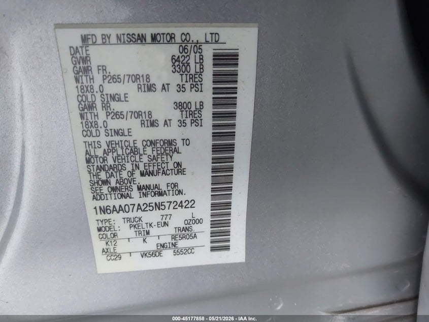 2005 Nissan Titan Se VIN: 1N6AA07A25N572422 Lot: 45177858