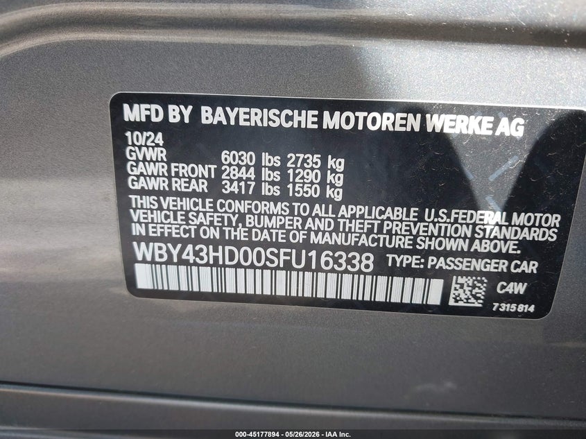 2025 BMW I4 Gran Coupe xDrive40 VIN: WBY43HD00SFU16338 Lot: 45177894