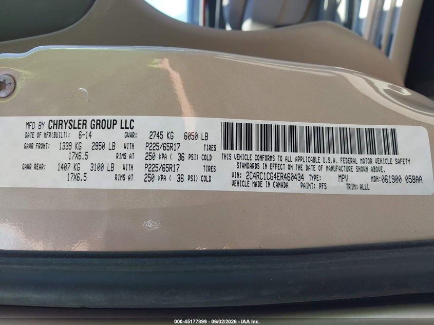 2014 Chrysler Town & Country Touring-L VIN: 2C4RC1CG4ER460434 Lot: 45177899