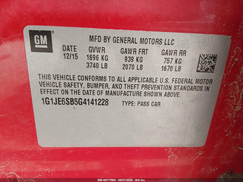 2016 Chevrolet Sonic Ltz Auto VIN: 1G1JE6SB5G4141228 Lot: 45177983