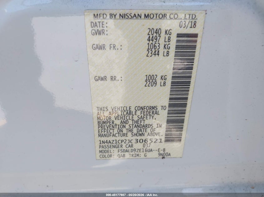 2018 Nissan Leaf Sv VIN: 1N4AZ1CP2JC306521 Lot: 45177987