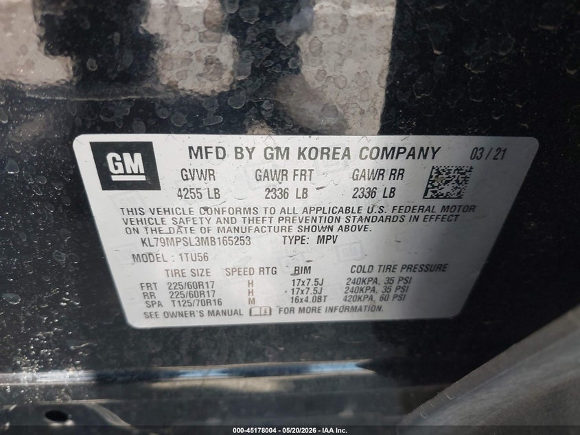 2021 CHEVROLET TRAILBLAZER 1.3L I-3 DI, DOHC, V(VIN: KL79MPSL3MB165253