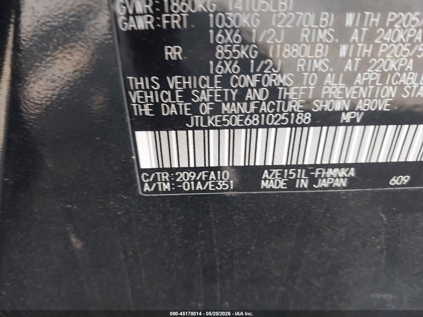 2008 Scion Xb VIN: JTLKE50E681025188 Lot: 45178014