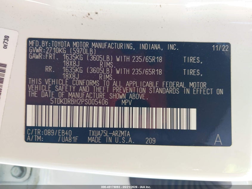 2023 TOYOTA HIGHLANDER 2.4L I-4 DI, DOHC, V(VIN: 5TDKDRBH2PS005406