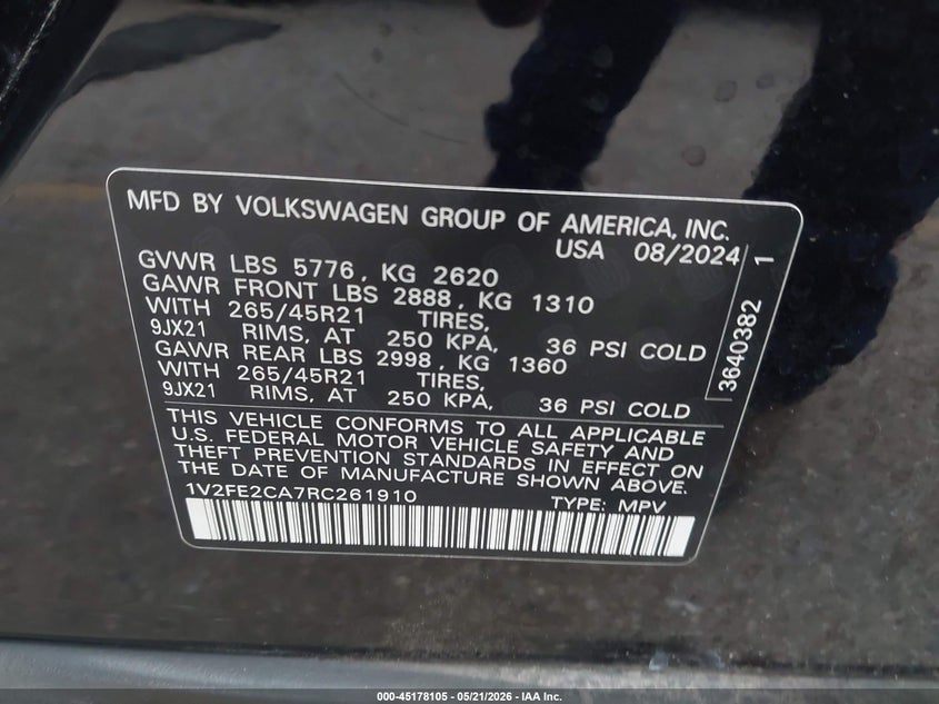 2024 Volkswagen Atlas Cross Sport 2.0T Sel Premium R-Line VIN: 1V2FE2CA7RC261910 Lot: 45178105