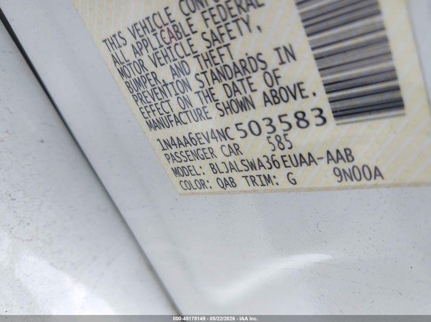 2022 Nissan Maxima Sr Xtronic Cvt VIN: 1N4AA6EV4NC503583 Lot: 45178149