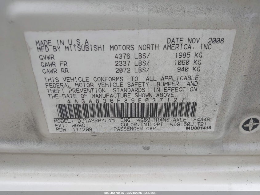 2009 Mitsubishi Galant Es/Sport Edition VIN: 4A3AB36F89E037127 Lot: 45178155