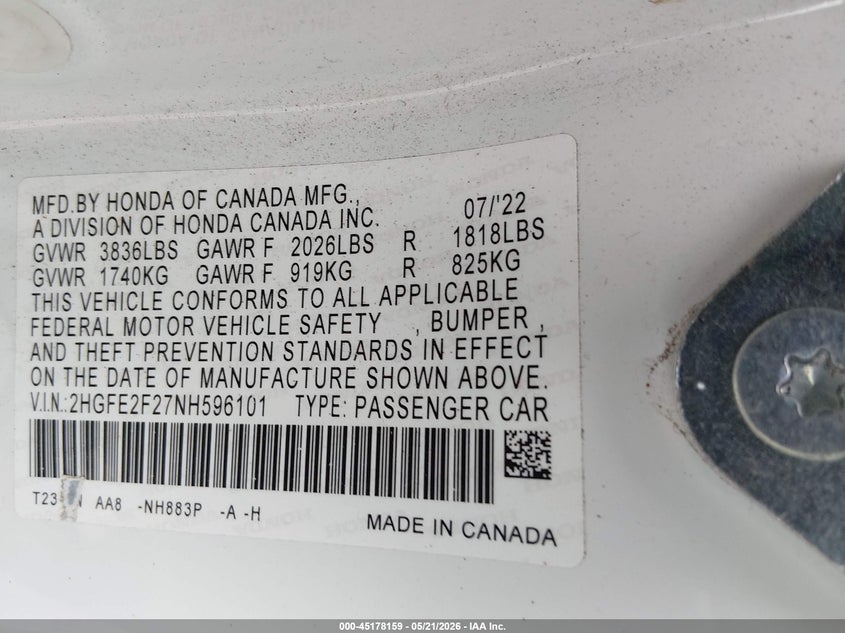 2022 HONDA CIVIC 2.0L I-4 DI, DOHC, V(VIN: 2HGFE2F27NH596101