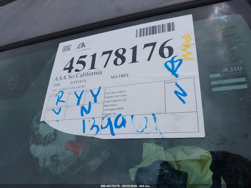 2006 Toyota Matrix VIN: 2T1KR32E26C560786 Lot: 45178176