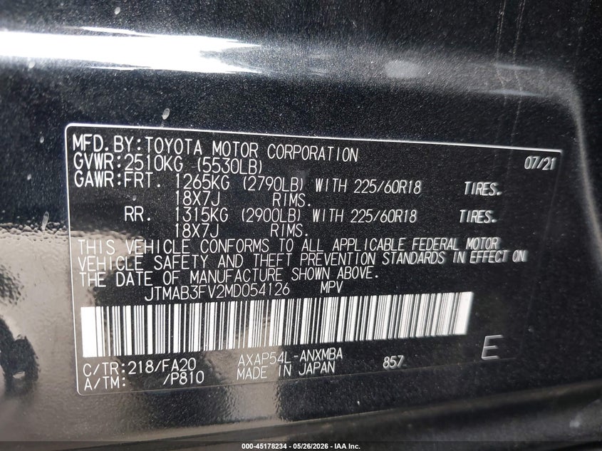 VIN JTMAB3FV2MD054126 2021 TOYOTA RAV4 PRIME SE