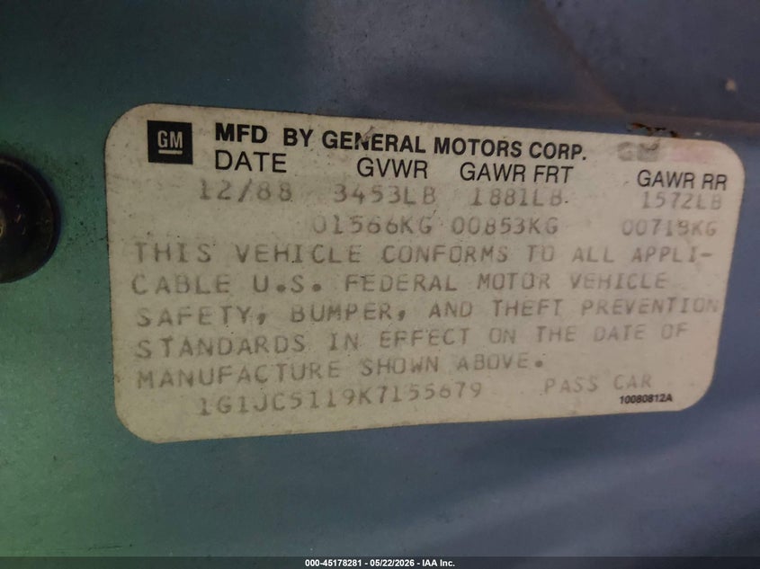 1989 Chevrolet Cavalier VIN: 1G1JC5119K7155679 Lot: 45178281