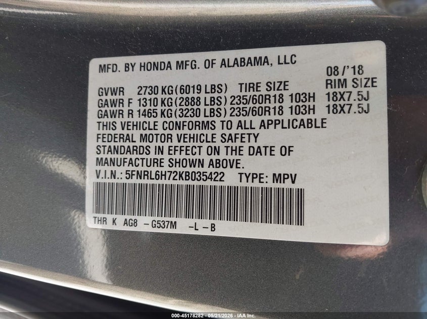 VIN 5FNRL6H72KB035422 2019 HONDA ODYSSEY EX-L
