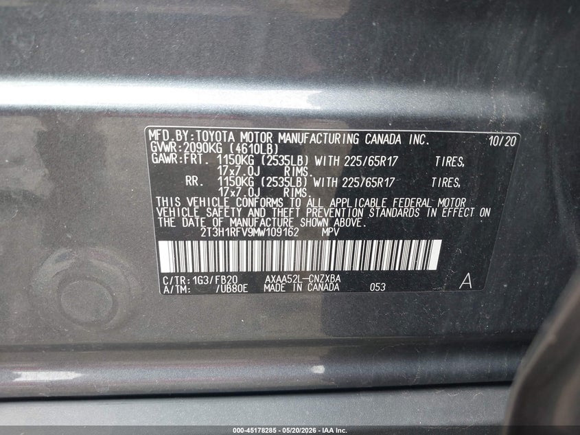 2021 TOYOTA RAV4 2.5L I-4 DI, DOHC, V(VIN: 2T3H1RFV9MW109162