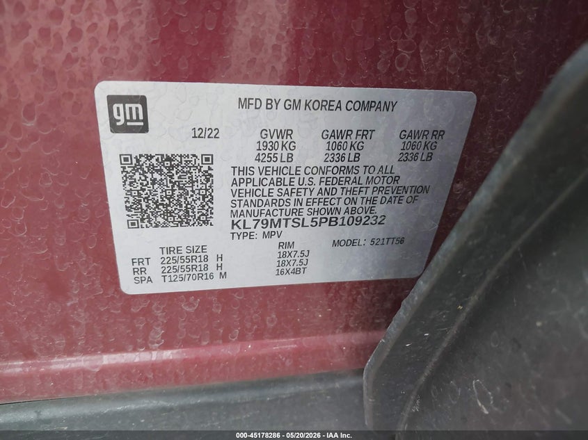 2023 CHEVROLET TRAILBLAZER 1.3L I-3 DI, DOHC, V(VIN: KL79MTSL5PB109232