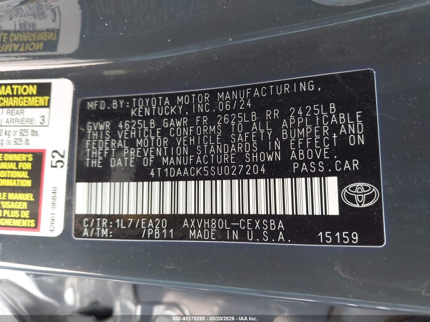 2025 TOYOTA CAMRY 2.5L I-4 DI, DOHC, V(VIN: 4T1DAACK5SU027204