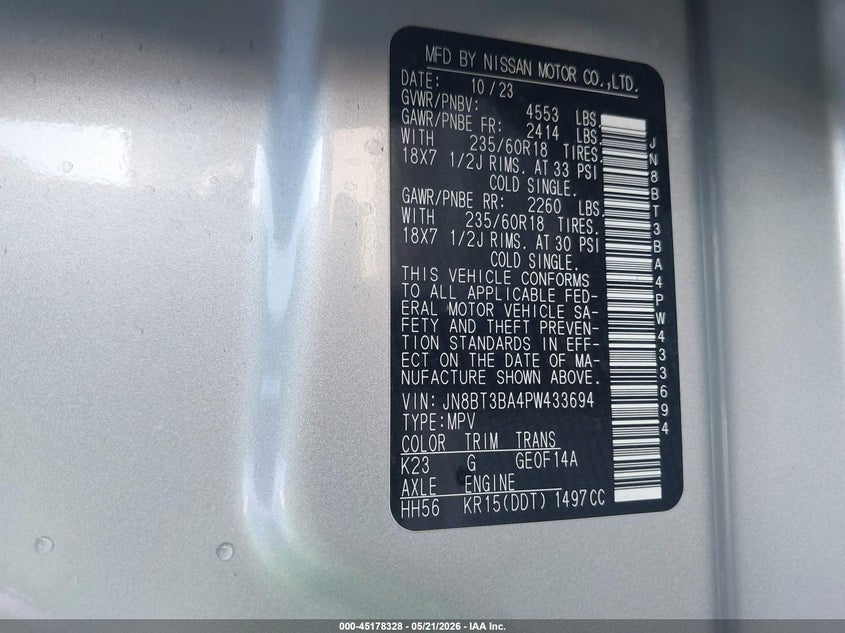 2023 NISSAN ROGUE 1.5L I-3 DI, DOHC, V(VIN: JN8BT3BA4PW433694