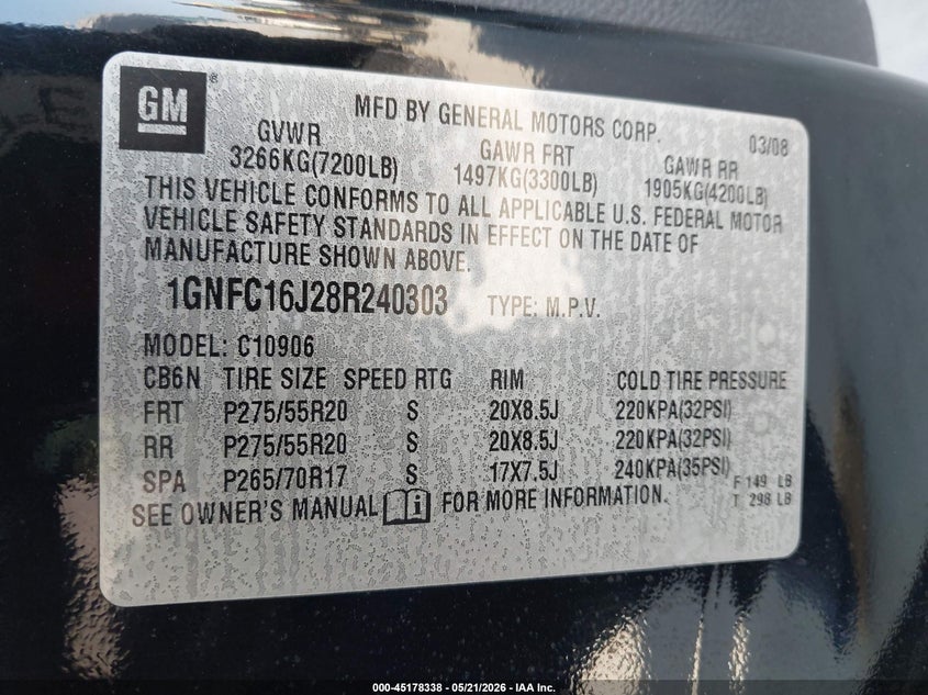 2008 CHEVROLET EXPRESS SPORT UTILITY VEHICLE 5.3L V-8 320HP
