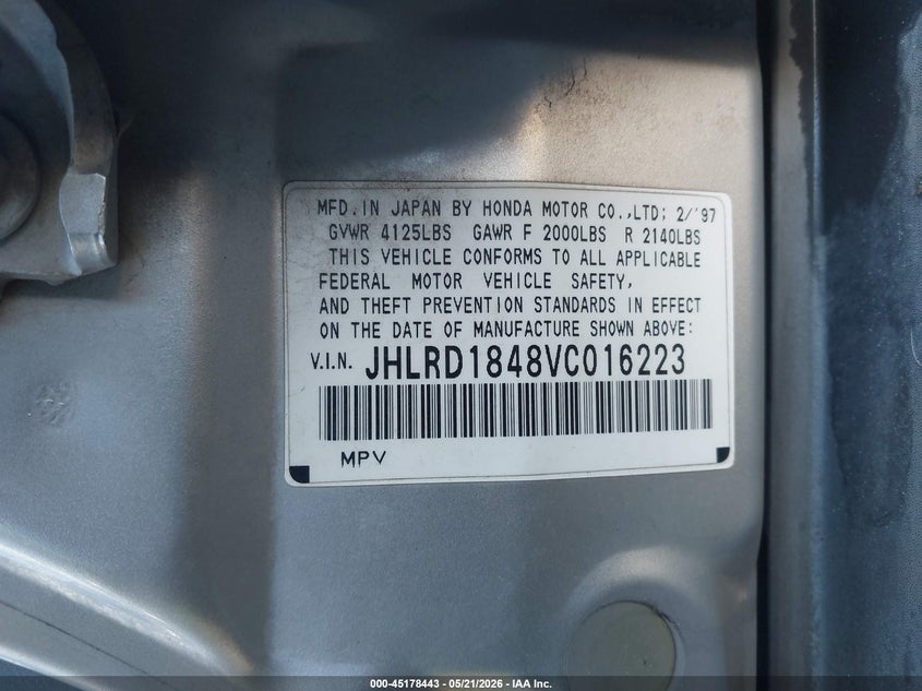 1997 Honda Cr-V VIN: JHLRD1848VC016223 Lot: 45178443