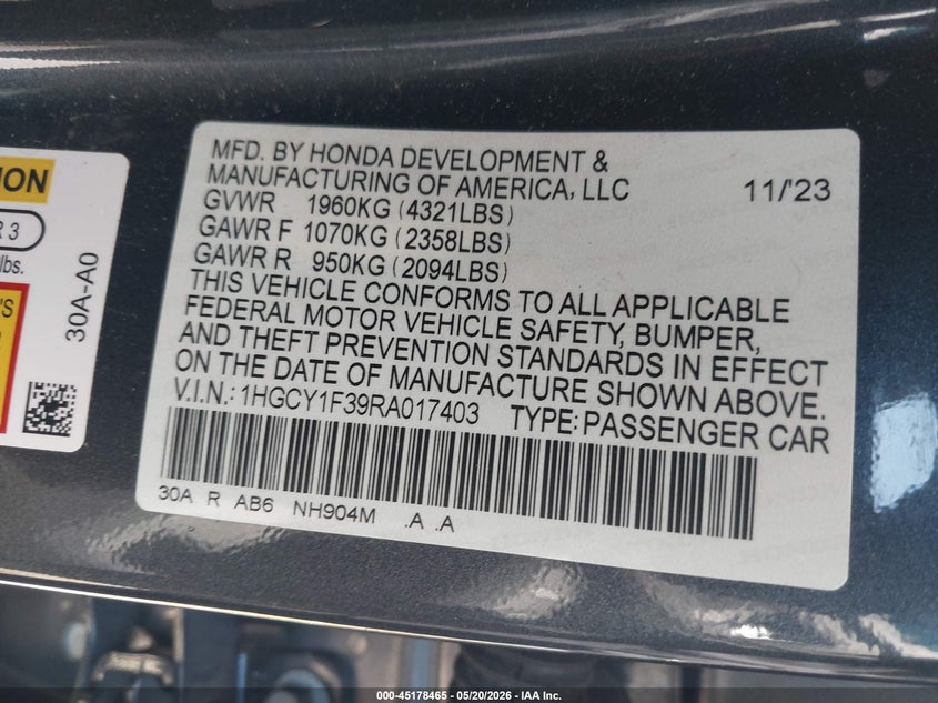 2024 HONDA ACCORD 1.5L I-4 DI, DOHC, V(VIN: 1HGCY1F39RA017403