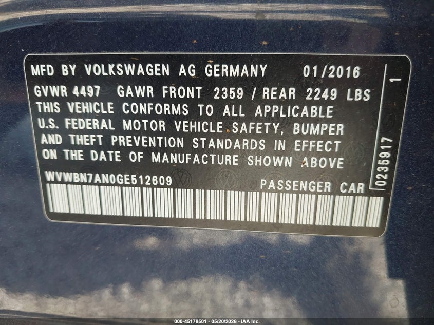 2016 Volkswagen Cc 2.0T Sport VIN: WVWBN7AN0GE512609 Lot: 45178501