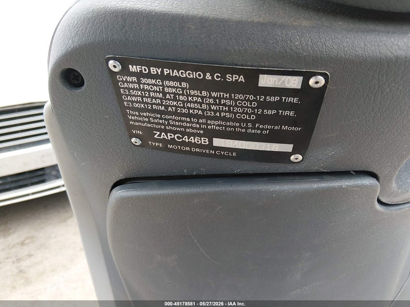 2008 Piaggio Fly 50 VIN: ZAPC446B184000318 Lot: 45178581