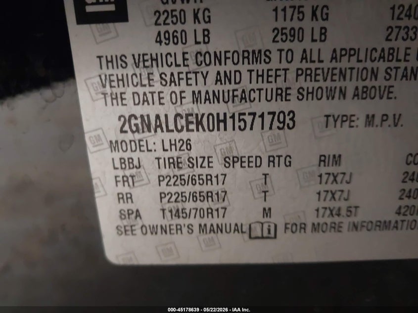 VIN 2GNALCEK0H1571793 2017 CHEVROLET EQUINOX LT