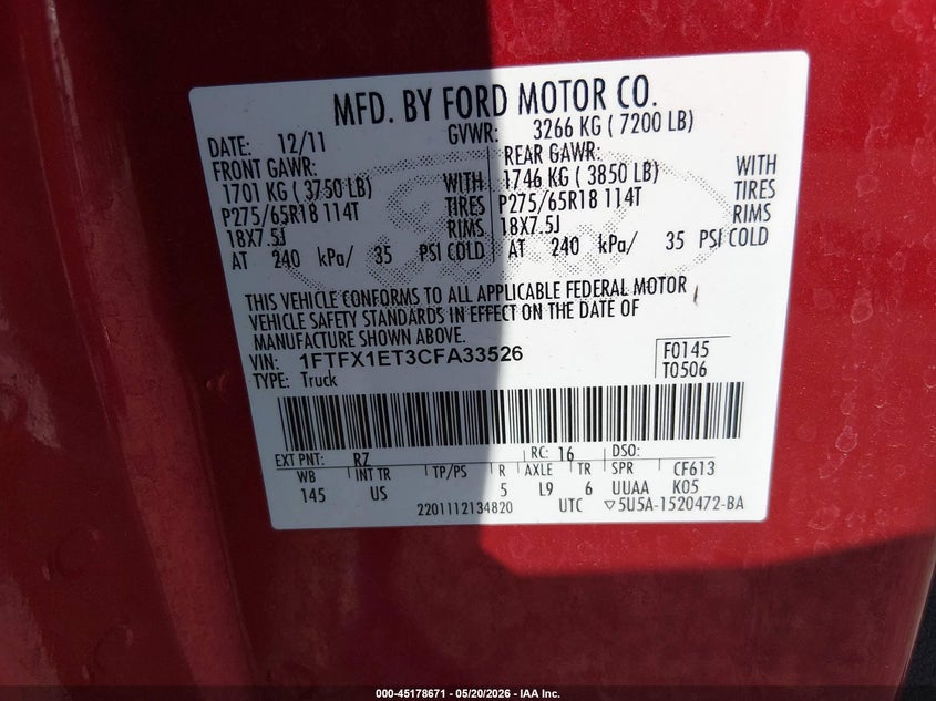 2012 Ford F-150 3.5 Xlt red Lot 111045178671 Vin 1FTFX1ET3CFA33526