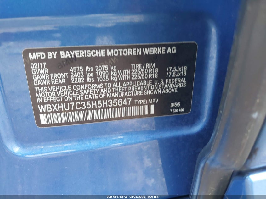 2017 BMW X1 Sdrive28I VIN: WBXHU7C35H5H35647 Lot: 45178673