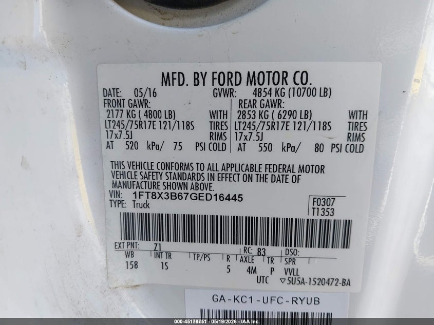 1FT8X3B67GED16445 2016 Ford F-350 Xl Unknown