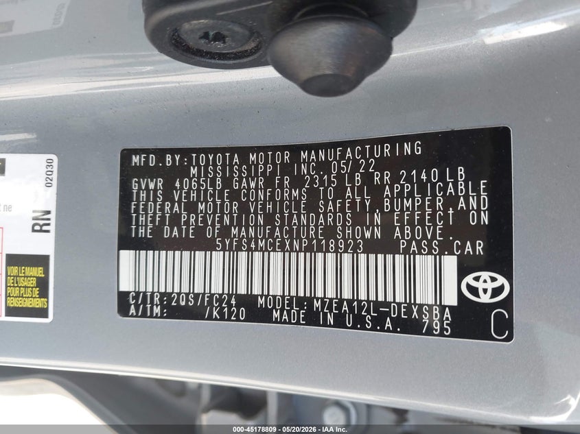 VIN: 5YFS4MCEXNP118923 2022 TOYOTA COROLLA SE APEX EDITION