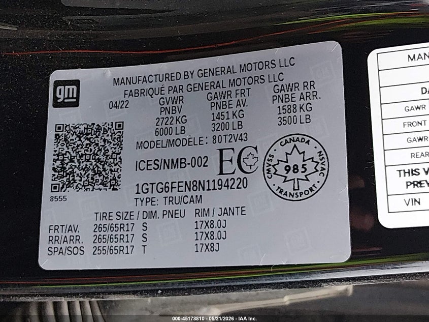 2022 GMC Canyon At4 W/Leather VIN: 1GTG6FEN8N1194220 Lot: 45178810