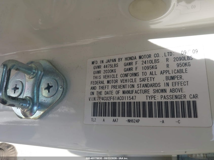 2010 Acura Tsx 2.4 VIN: JH4CU2F61AC011547 Lot: 45178830