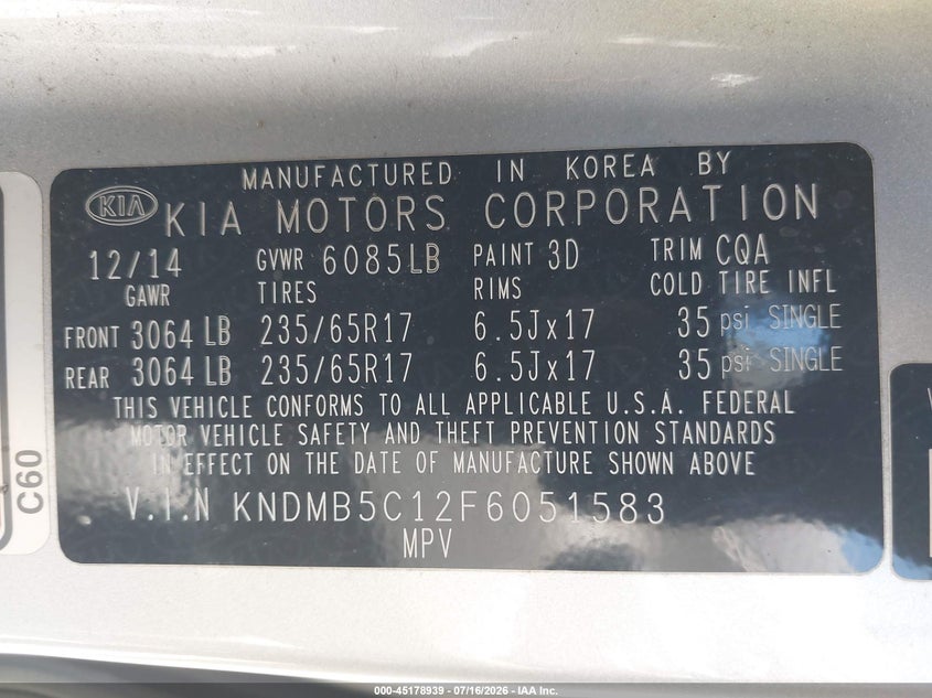 2015 Kia Sedona Lx VIN: KNDMB5C12F6051583 Lot: 45178939