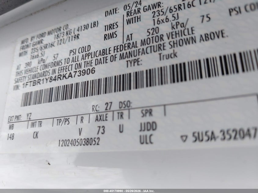2024 Ford Transit-250 VIN: 1FTBR1Y84RKA73906 Lot: 45178990