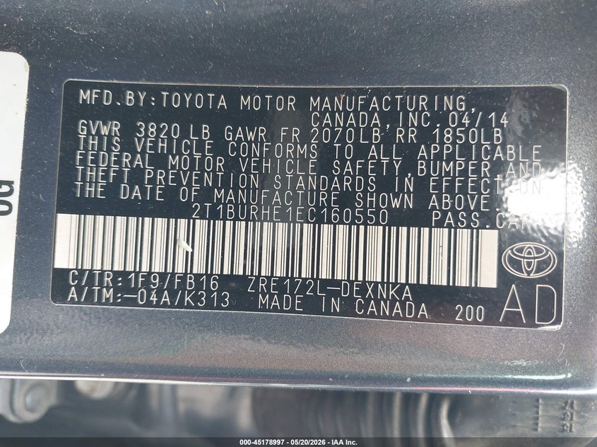 2014 Toyota Corolla Le VIN: 2T1BURHE1EC160550 Lot: 45178997