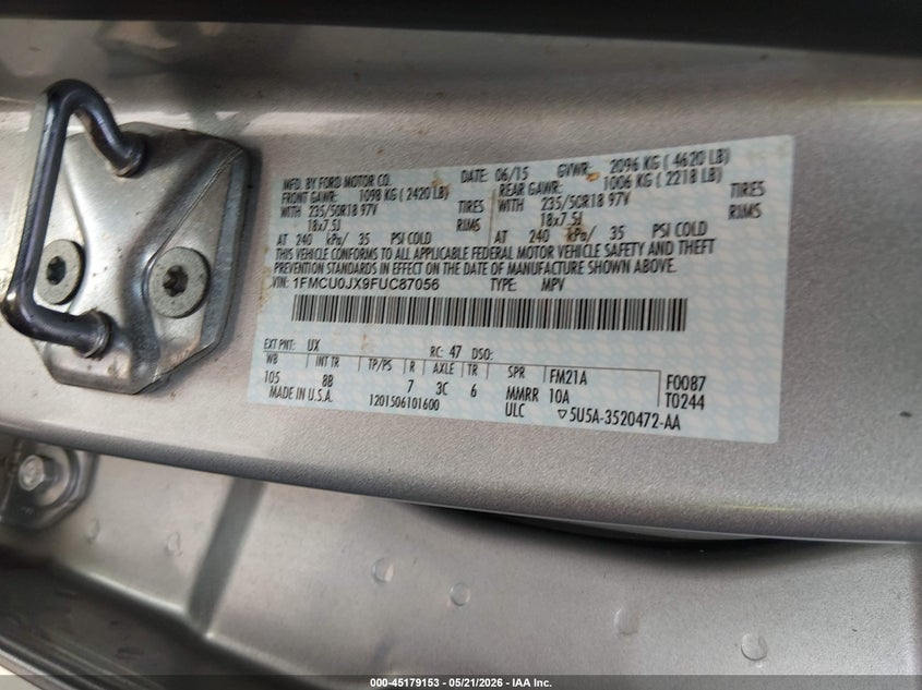 2015 FORD ESCAPE SPORT UTILITY VEHICLE 1.6L I-4 DI, DOHC, VVT, TURBO, 173HP
